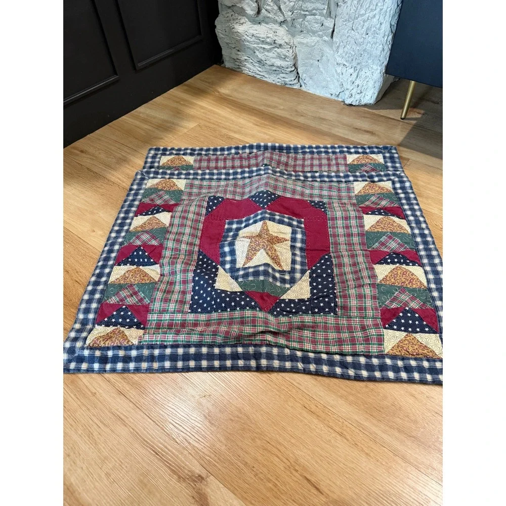 Vintage Quilted Patchwork Star Pillow Shams Set of 2 Americana Farmhouse NavyRed